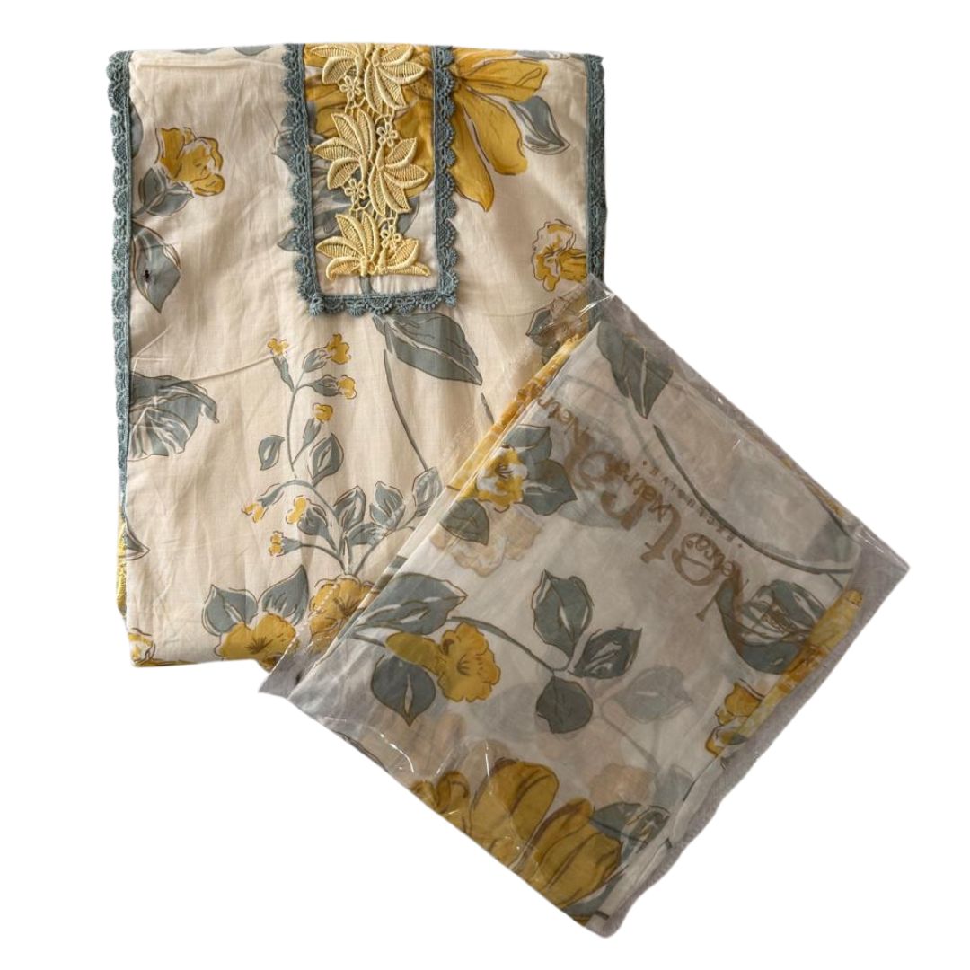 Elegant Floral Printed Cotton Unstitched Suit Set with Premium Lace Work