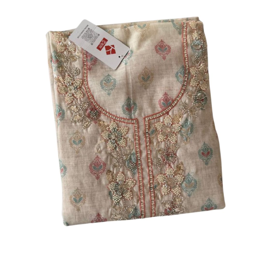 Premium Ivory Floral Embroidered Unstitched Suit Set with Printed Dupatta