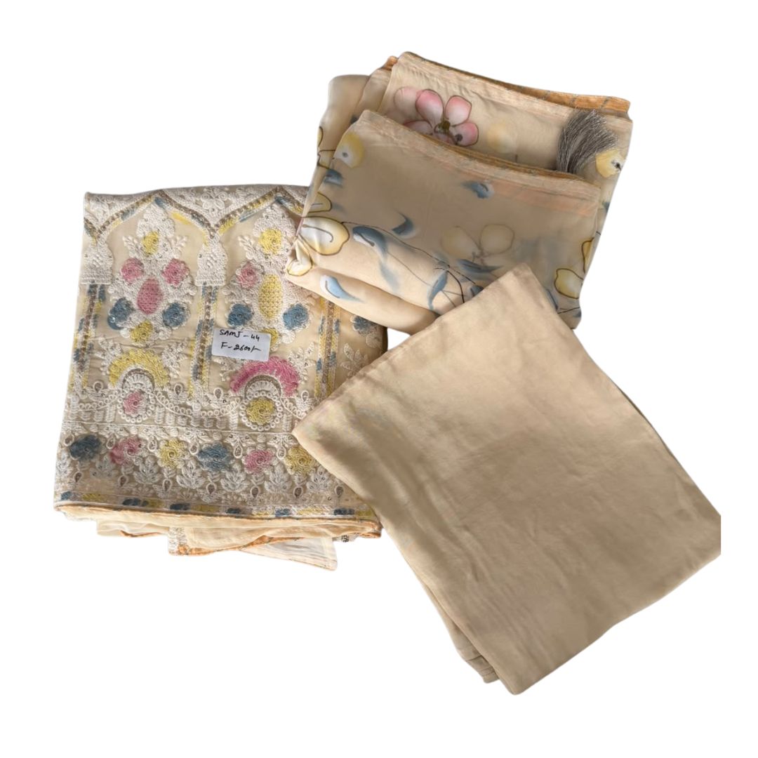 Charming Beige Multi-Color Embroidered Unstitched 3-Piece Suit Set with Floral Dupatta