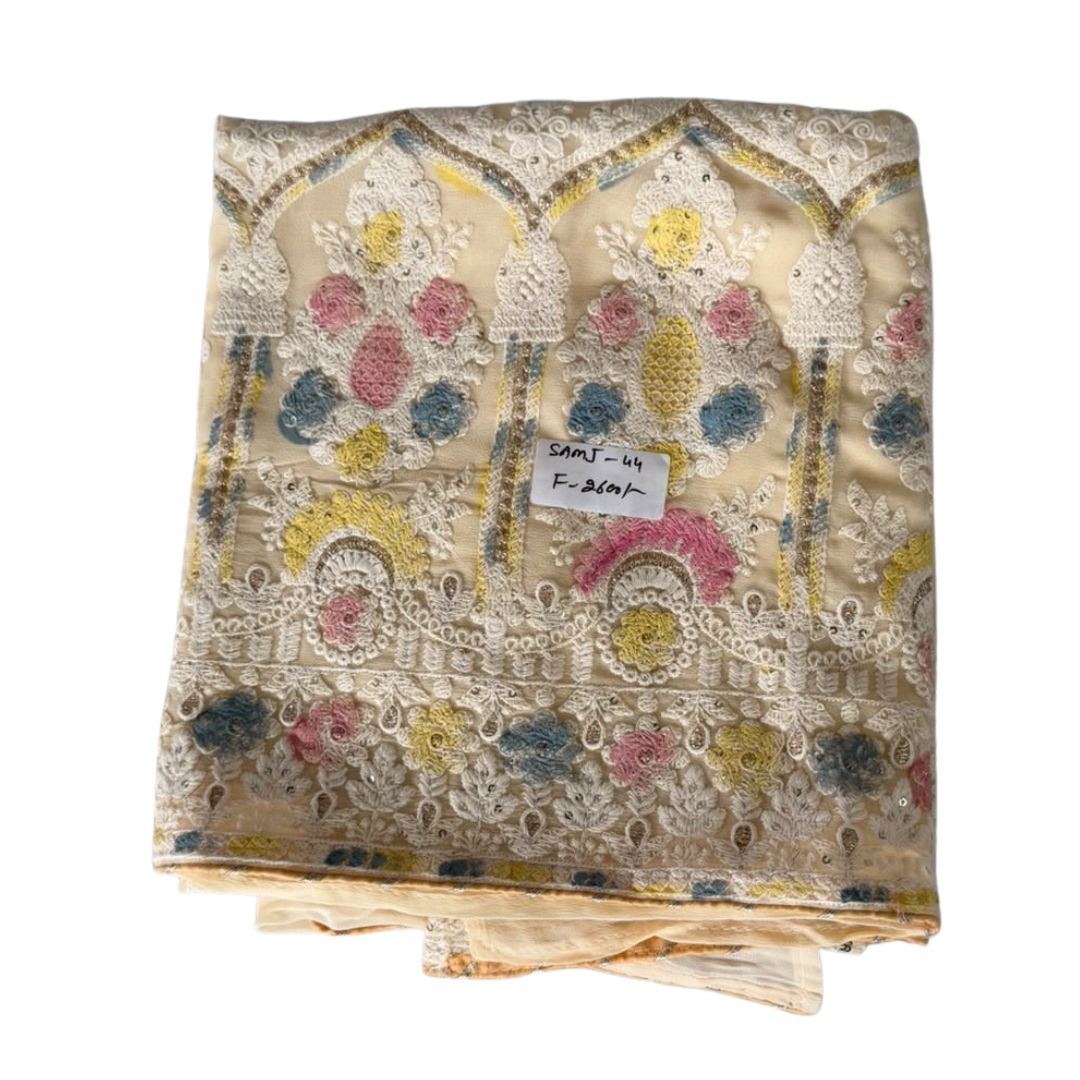 Charming Beige Multi-Color Embroidered Unstitched 3-Piece Suit Set with Floral Dupatta