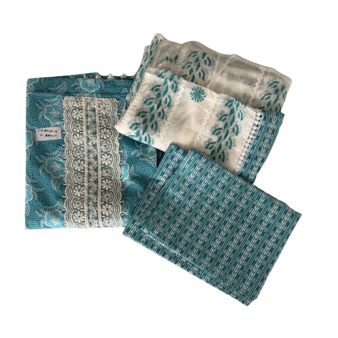 Teal Blue Floral Printed Unstitched 3-Piece Suit Set with Lace Neckline