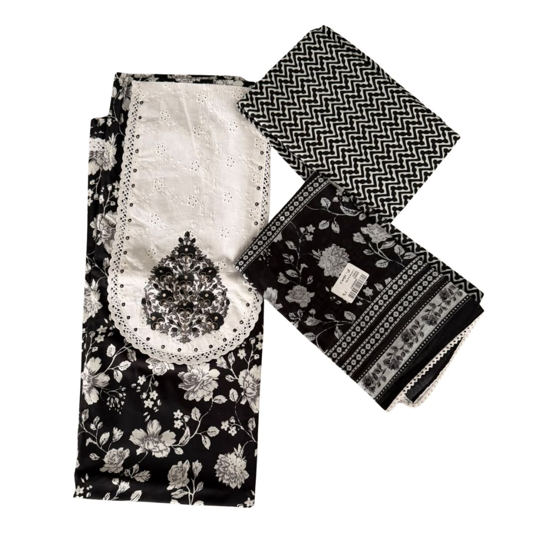 Classic Black and White Floral Printed Unstitched 3-Piece Suit Set