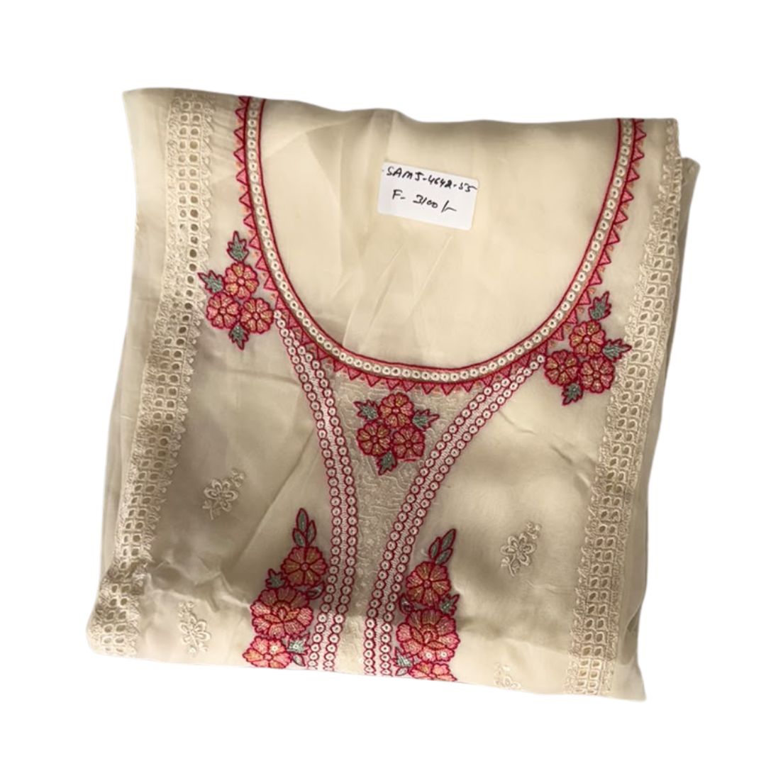 Elegant Cream Embroidered Unstitched 3-Piece Suit Set with Pink Printed Dupatta