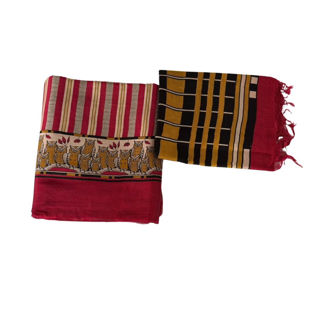 Quirky Owl Print Striped Unstitched Suit Set with Geometric Dupatta