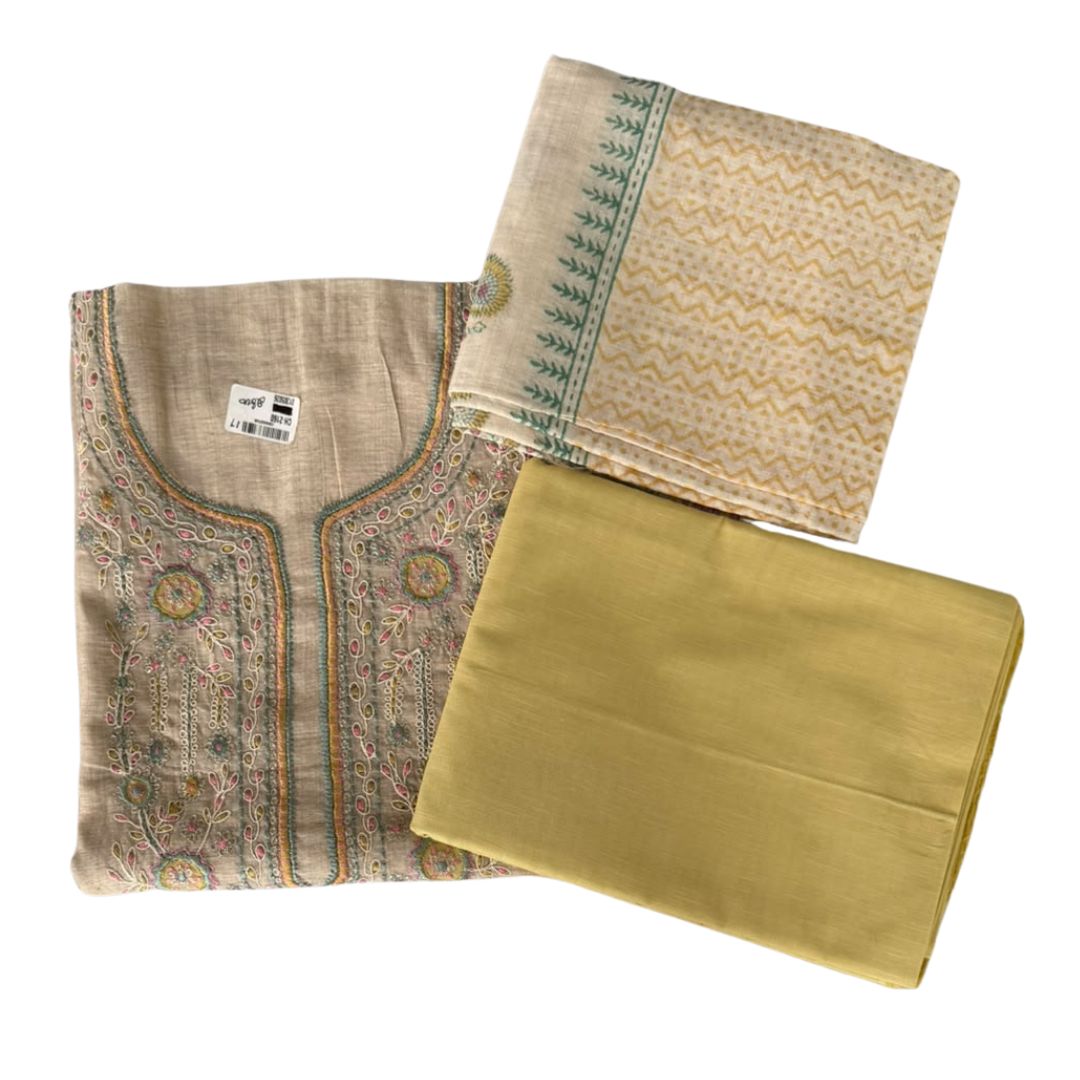 Beige Embroidered Unstitched 3-Piece Suit Set with Mustard Bottom