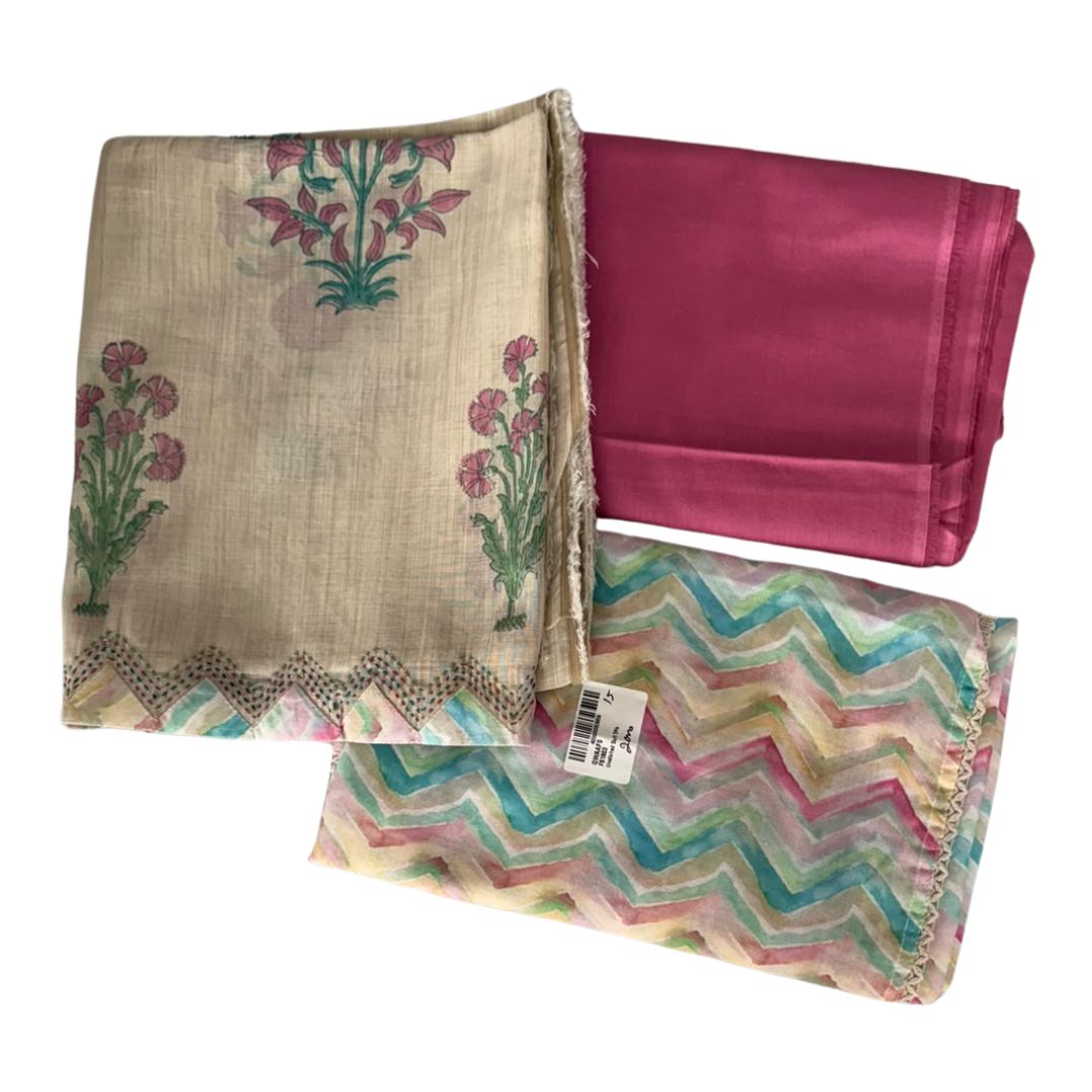 Beige Floral Printed Unstitched 3-Piece Suit Set with Pastel Chevron Dupatta