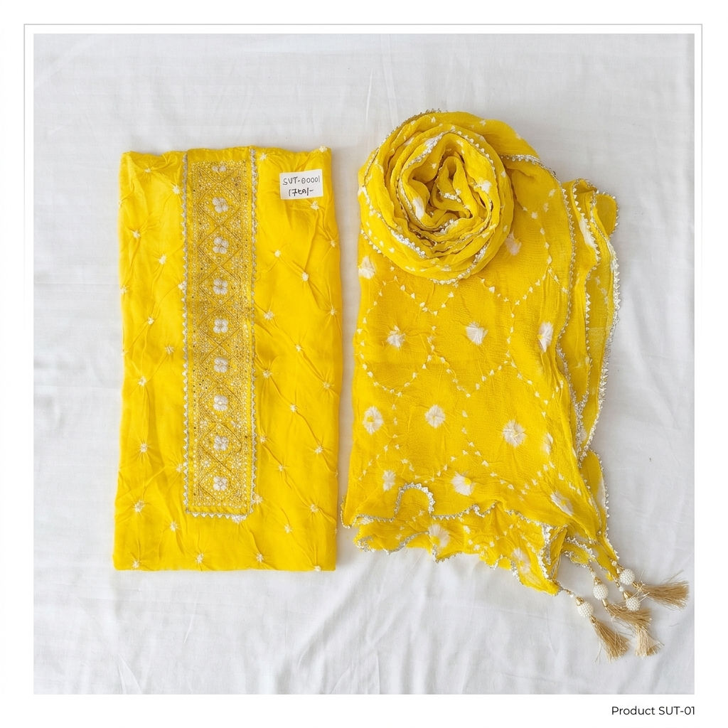 Bright Yellow Pure Crepe Bandhani Unstitched Suit Set (SUT-01)